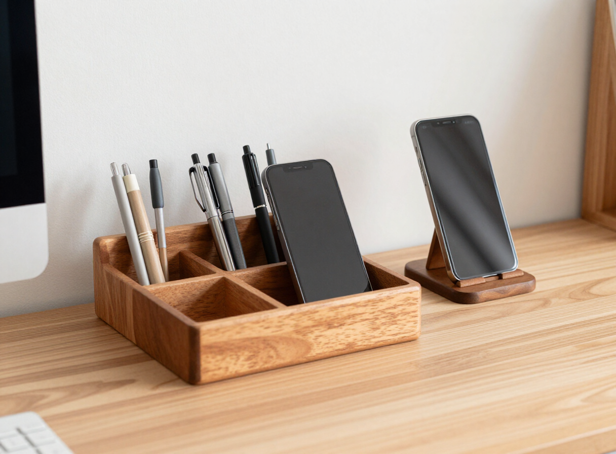 A handmade wooden desk organizer with compartments for pens and a phone beside a matching wooden phone stand on a clean home office desk, warm wood tones