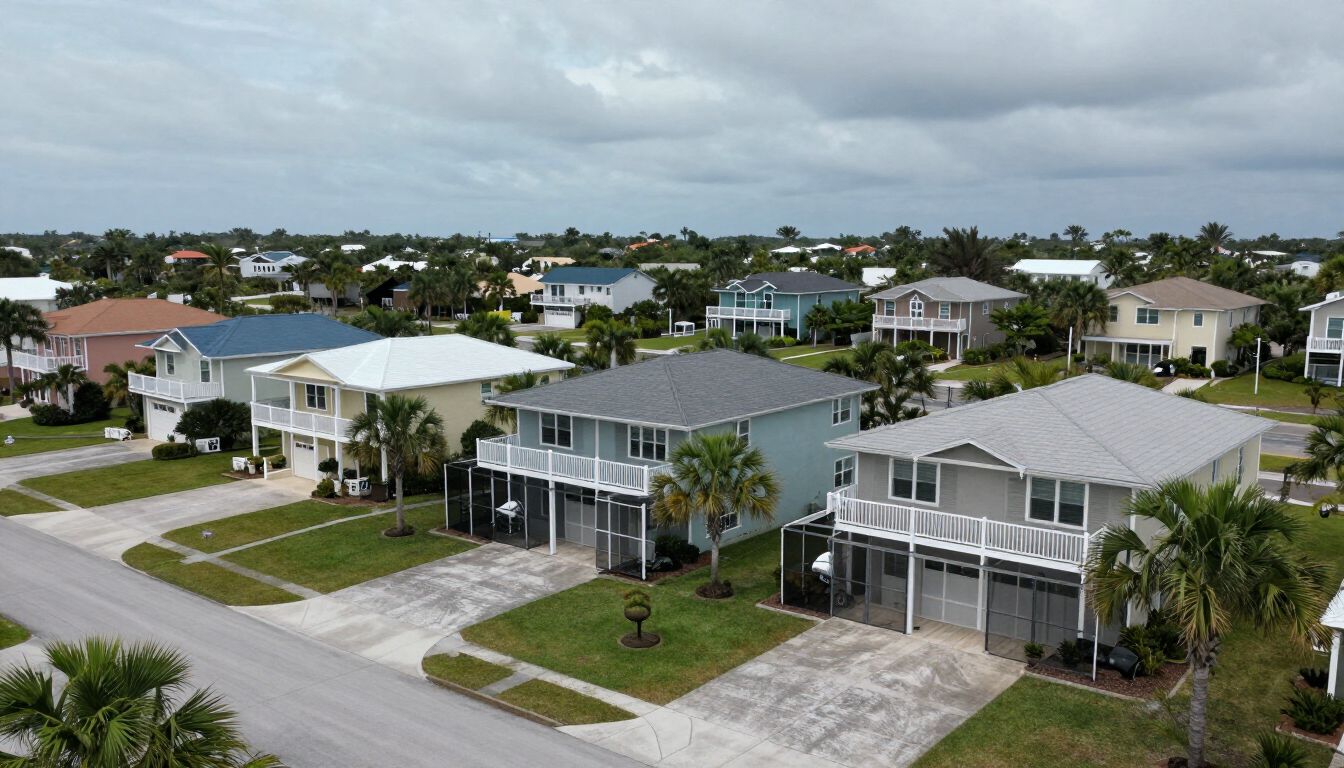 Aerial view of a quiet Osprey Florida coastal neighborhood with screened lanais and pool cages under calm overcast late-summer skies