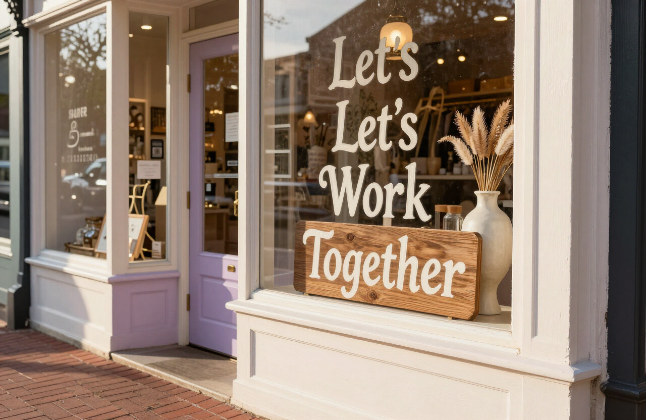 A small-town boutique storefront with a sign in the window reading Let's Work Together