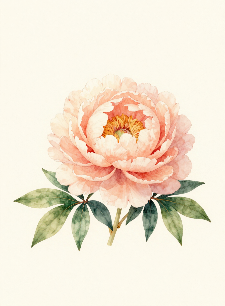 Watercolor painting of a soft peach Peony