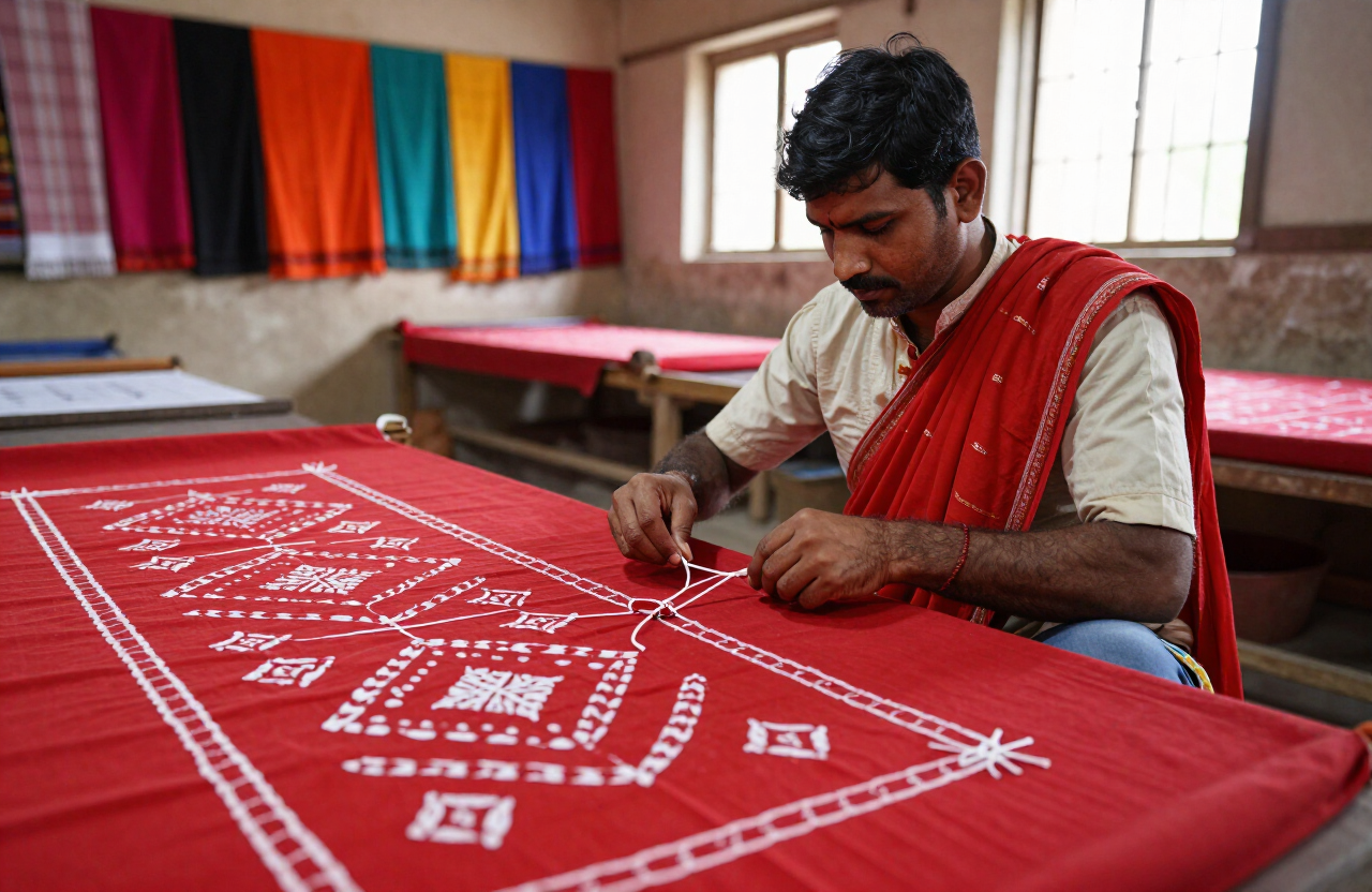 Artisans hand-tying bandhani fabric in a Rajasthan workshop