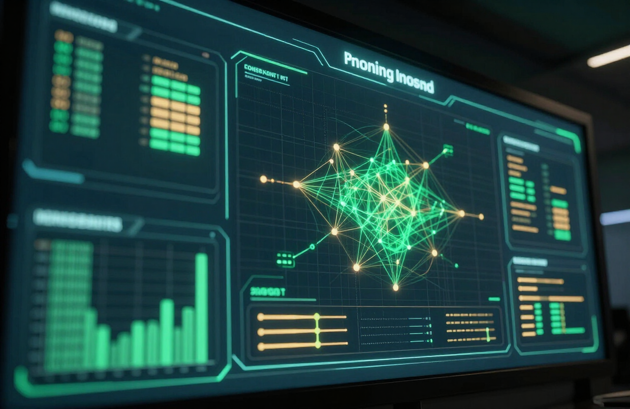 Data intelligence dashboard glowing green and amber in a dark control room