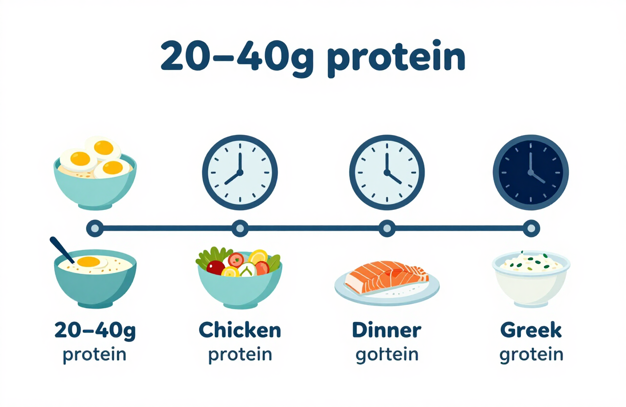 Diagram showing how to distribute protein across breakfast, lunch, dinner, and a snack throughout the day