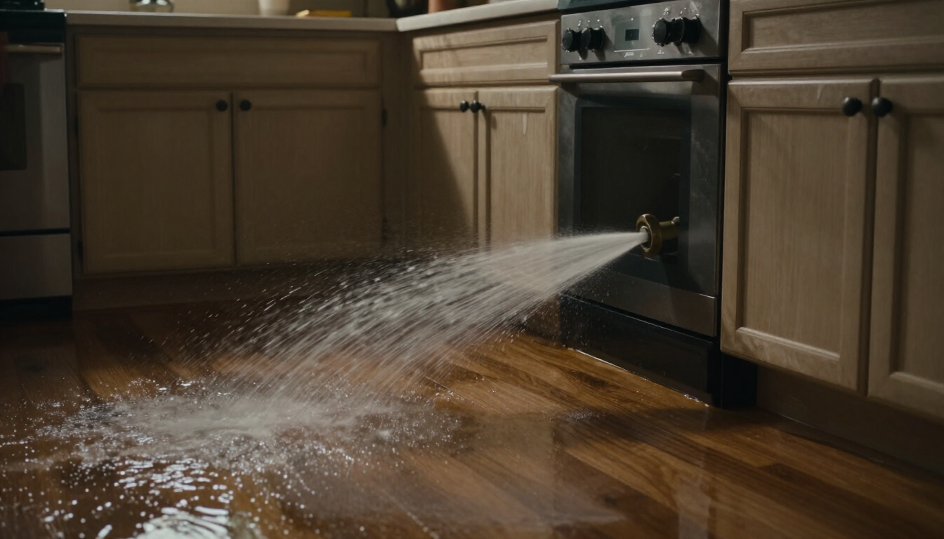 Burst pipe flooding a kitchen at night