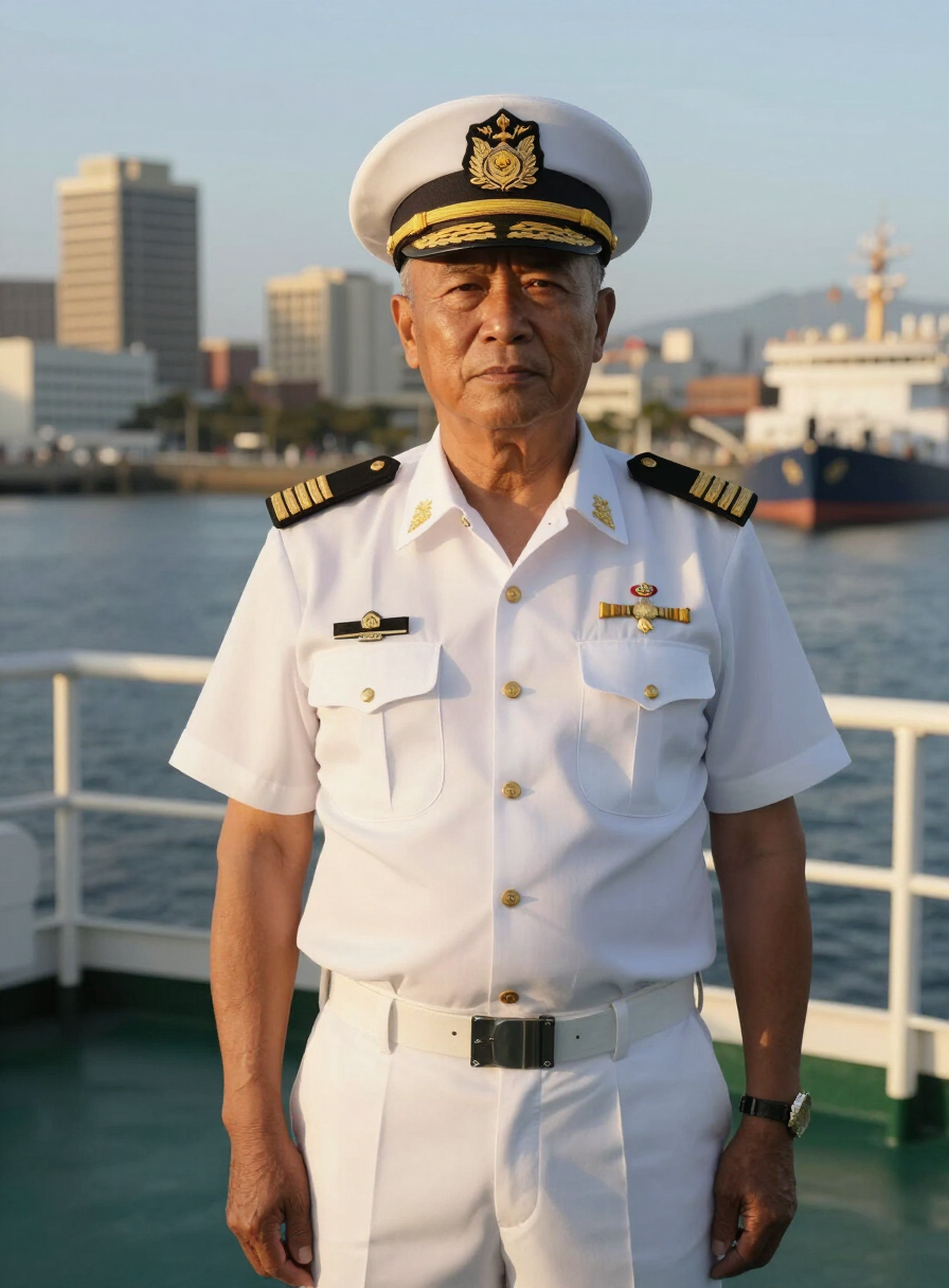 Filipino ship captain on the bridge at sunset in Durban