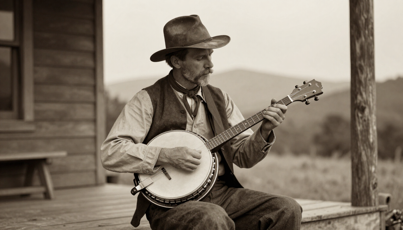 Vintage-style portrait of a 1920s Appalachian clawhammer banjo player in old-time rural clothing and a weathered hat, seated on a wooden porch in the Blue Ridge Mountains