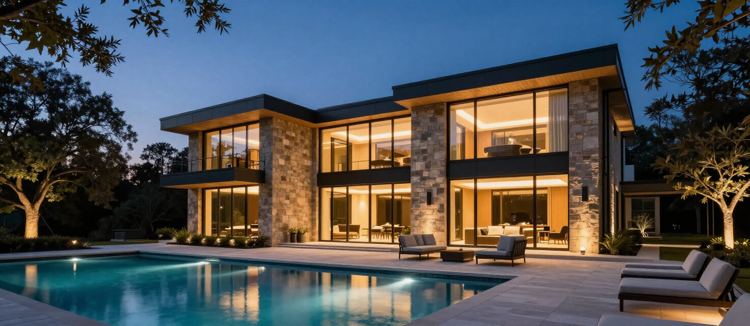 Charlotte luxury estate at dusk with landscape lighting and infinity pool