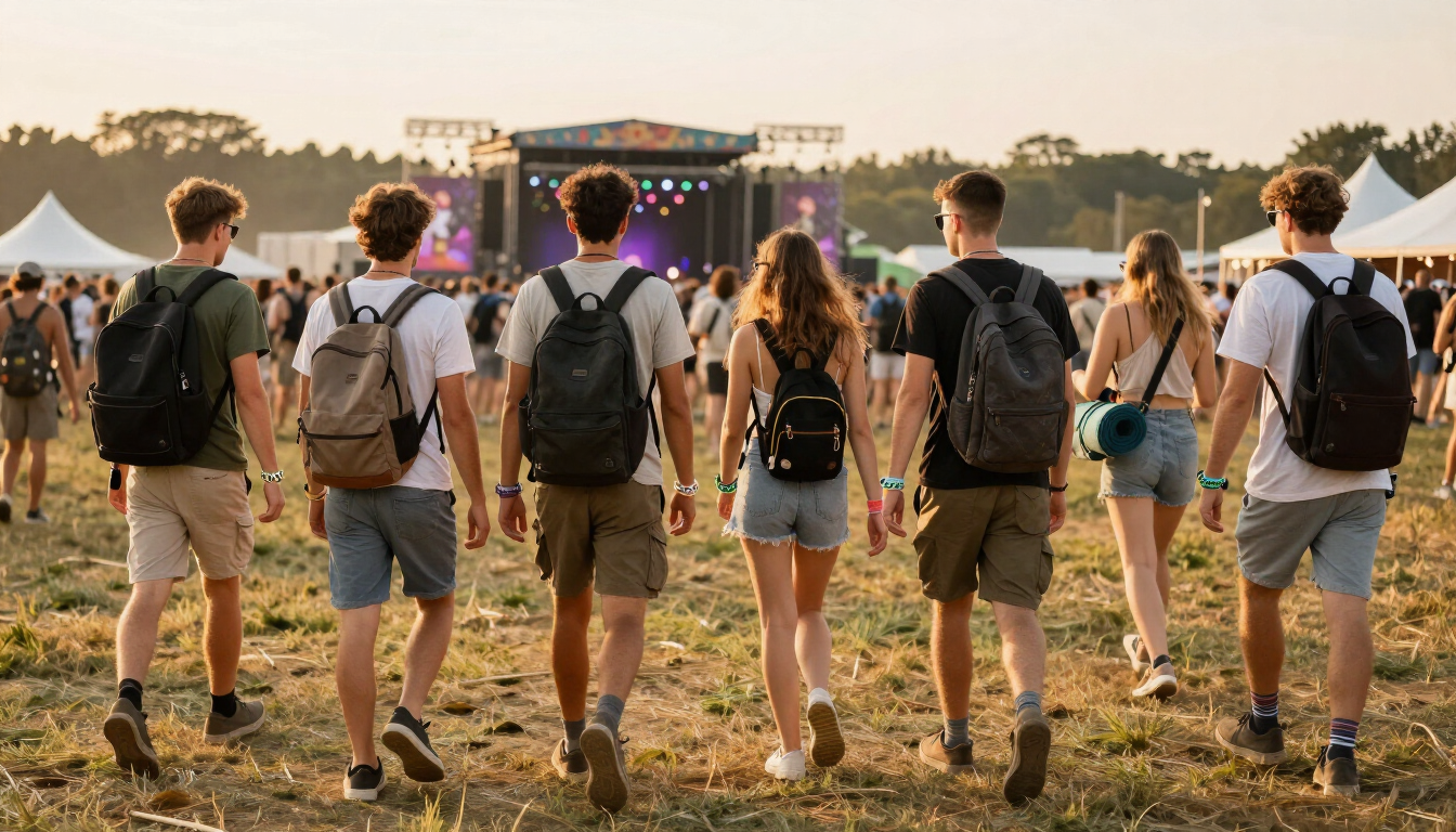 A group of festival-goers walking into a grassy festival field at golden hour carrying backpacks, crossbody bags and a rolled sleeping mat, with a stage and crowd visible in the distance
