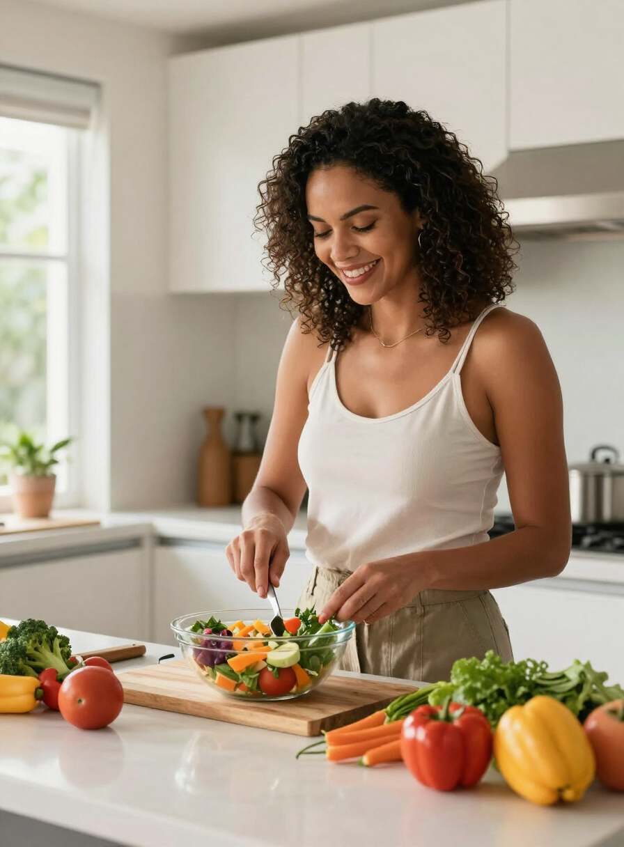 Mulher preparando uma refeição saudável e colorida na cozinha