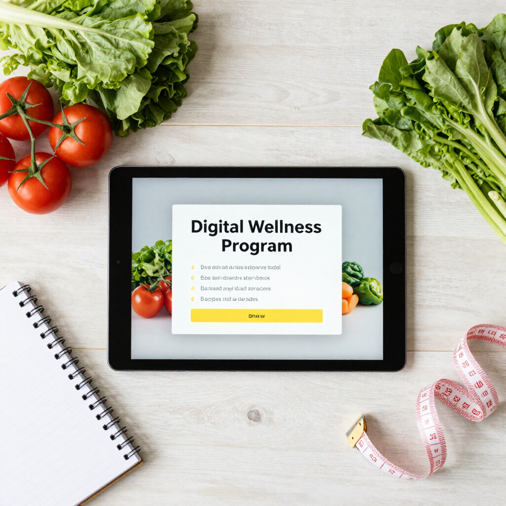 Programa Desafio Renova 21 no tablet com ingredientes frescos
