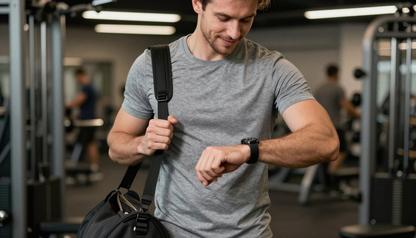 A busy male professional leaves a gym and checks the time with a relieved, satisfied expression, gym bag in hand.