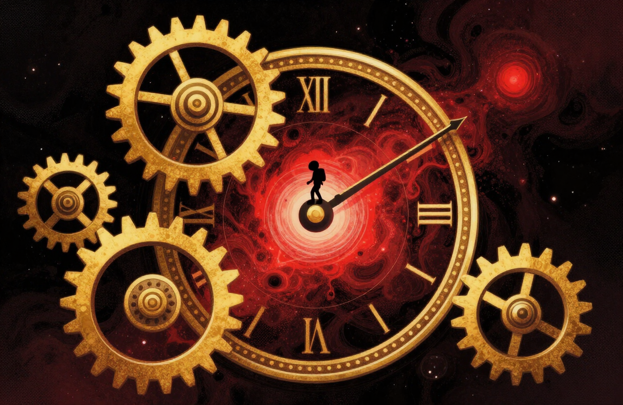 Illustration of a giant cosmic clock with golden gears and a tiny hero walking on the hands