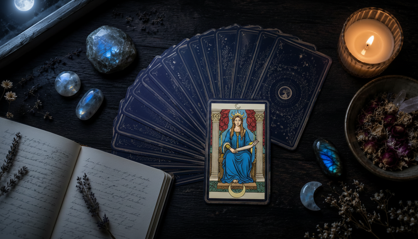 The High Priestess tarot card resting beside a moonstone crystal and an open journal in dim, contemplative candlelight