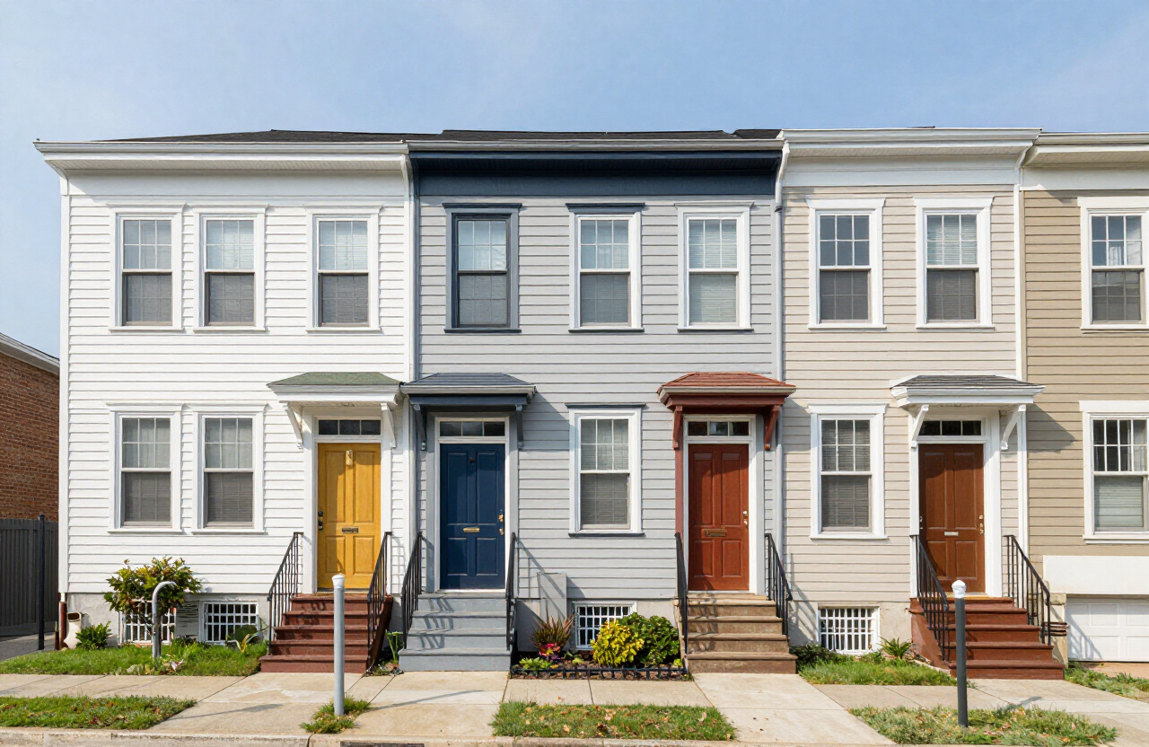 Connected Secaucus townhomes showing community color cohesion