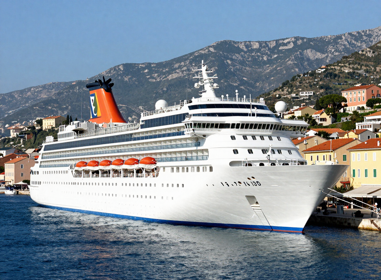 Cruise ship docked at a Mediterranean port