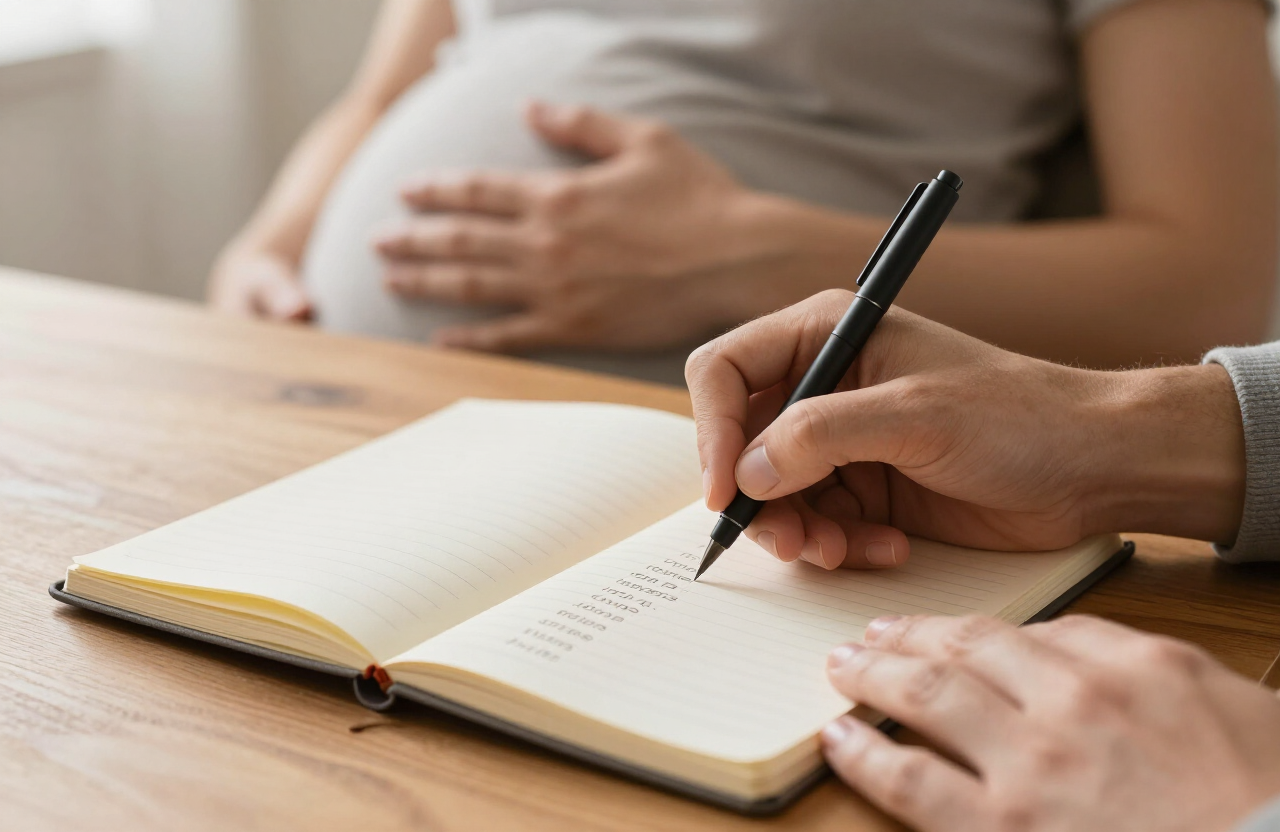Pareja escribiendo una lista de nombres de bebé en un cuaderno