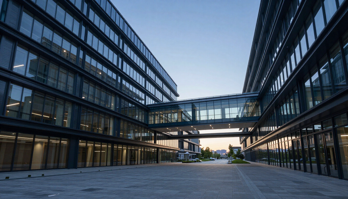 Modern institutional architecture with connected infrastructure — independent view for critical health transformation programs