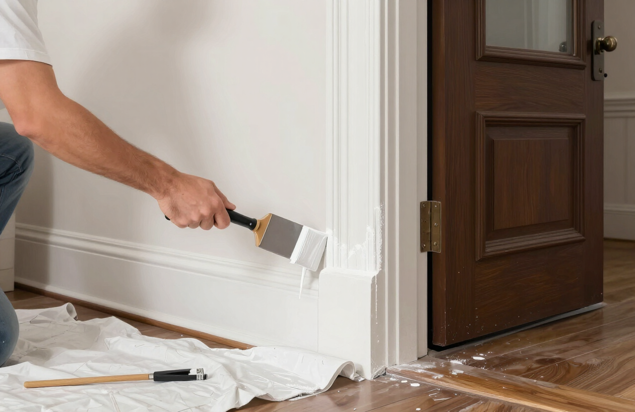 Illustrative painter cutting in crisp white paint on ornate trim and a door frame in a Hoboken brownstone apartment