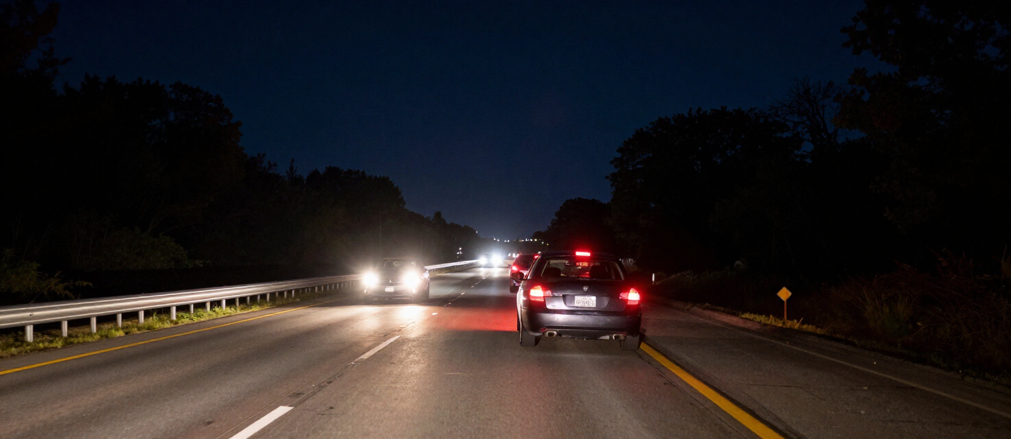 Divided highway at night with oncoming headlights and a wrong-way vehicle near the center line