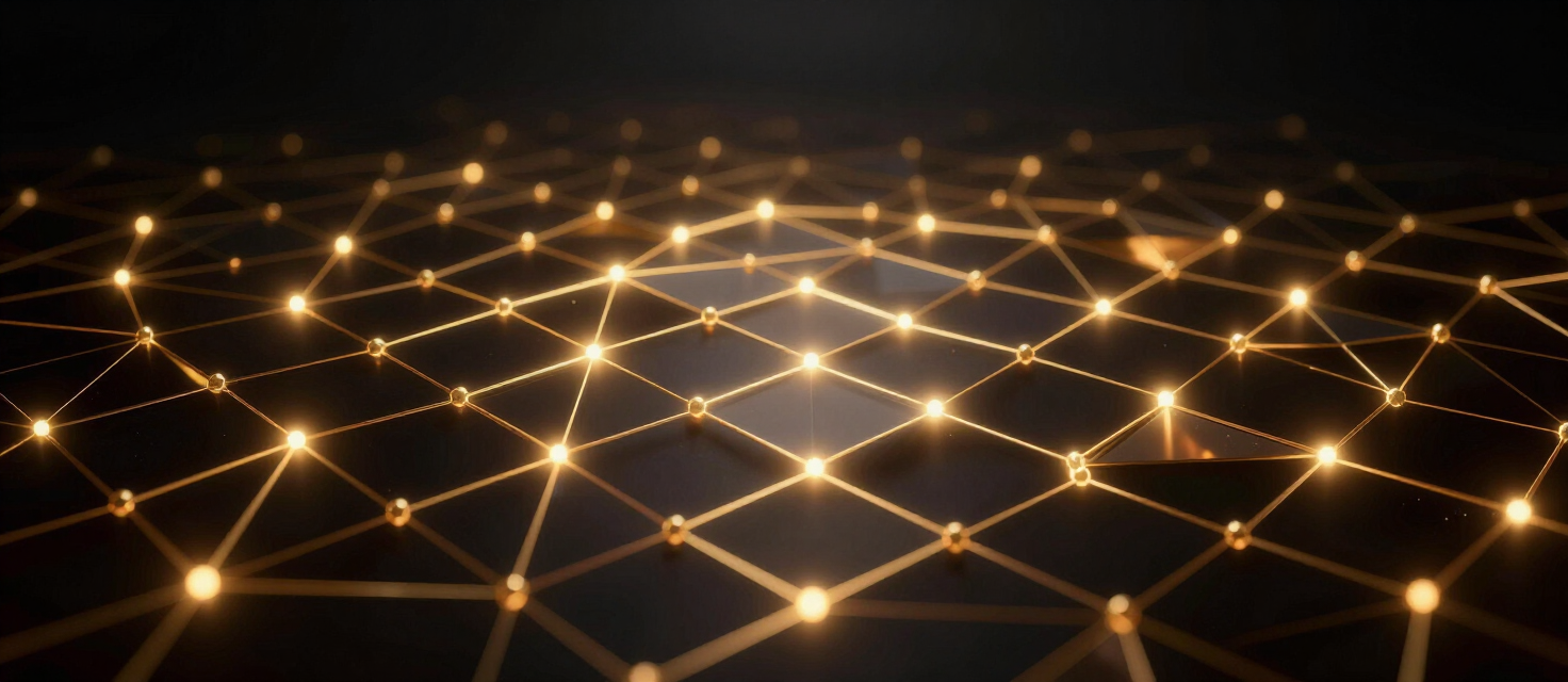 Visualização do framework FUSAG 1.0 — malha geométrica dourada com nós interconectados sobre fundo escuro