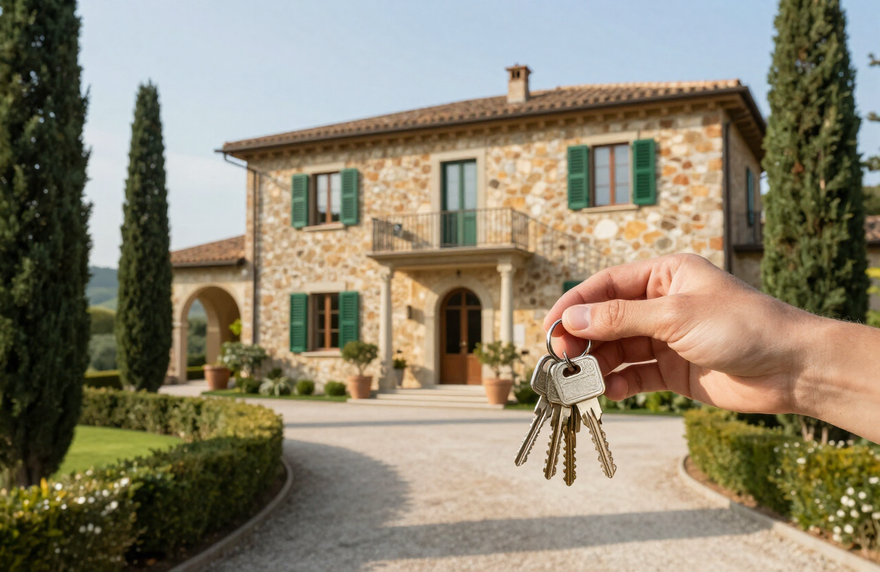 Villa toscana con viale di cipressi e chiavi di casa in primo piano