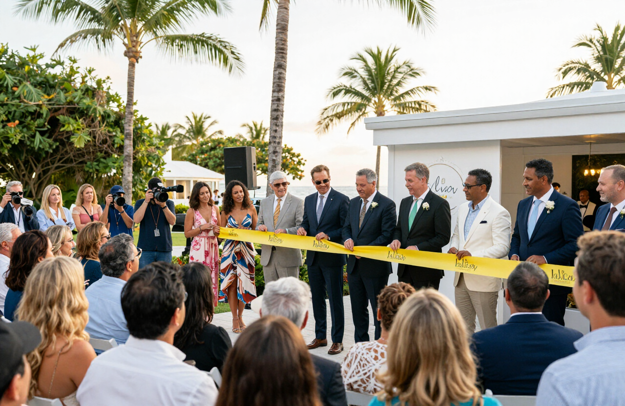 Ribbon cutting at an outdoor grand opening with press photographers