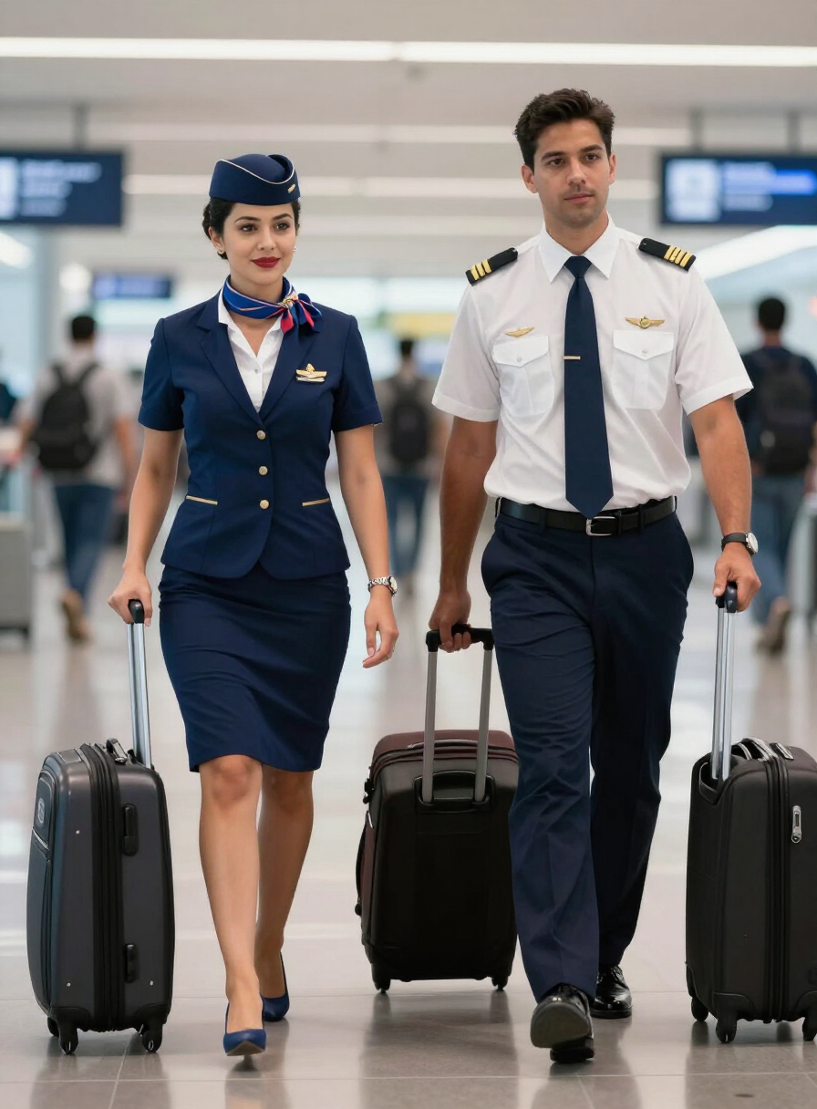 Piloto e comissária de bordo brasileiros caminhando em corredor de aeroporto com malas de cabine