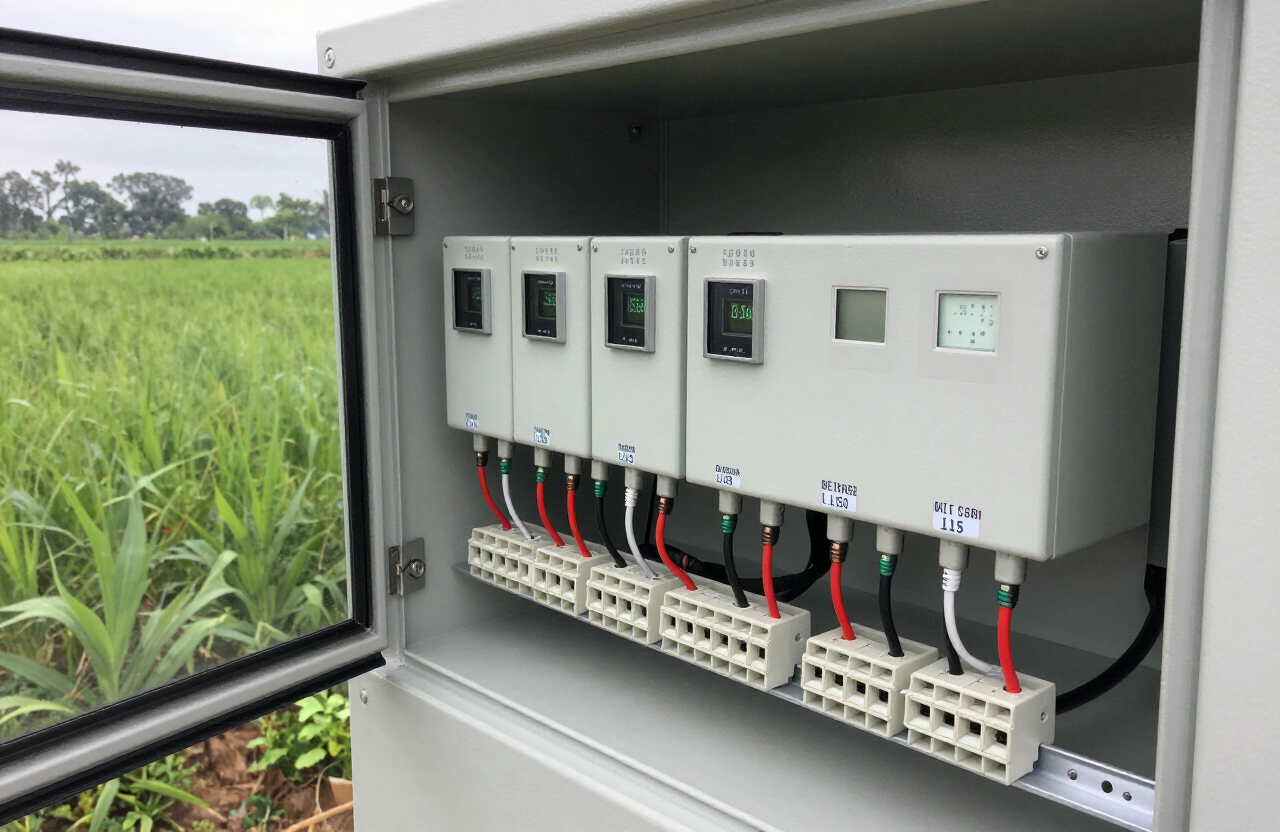 ICP DAS remote I/O modules on a DIN rail inside a field control cabinet at a Malaysian farm