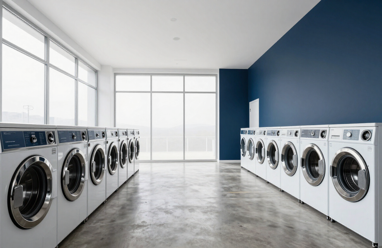 A modern Londris self-service laundromat interior in Vilnius with rows of washers and a deep navy accent wall