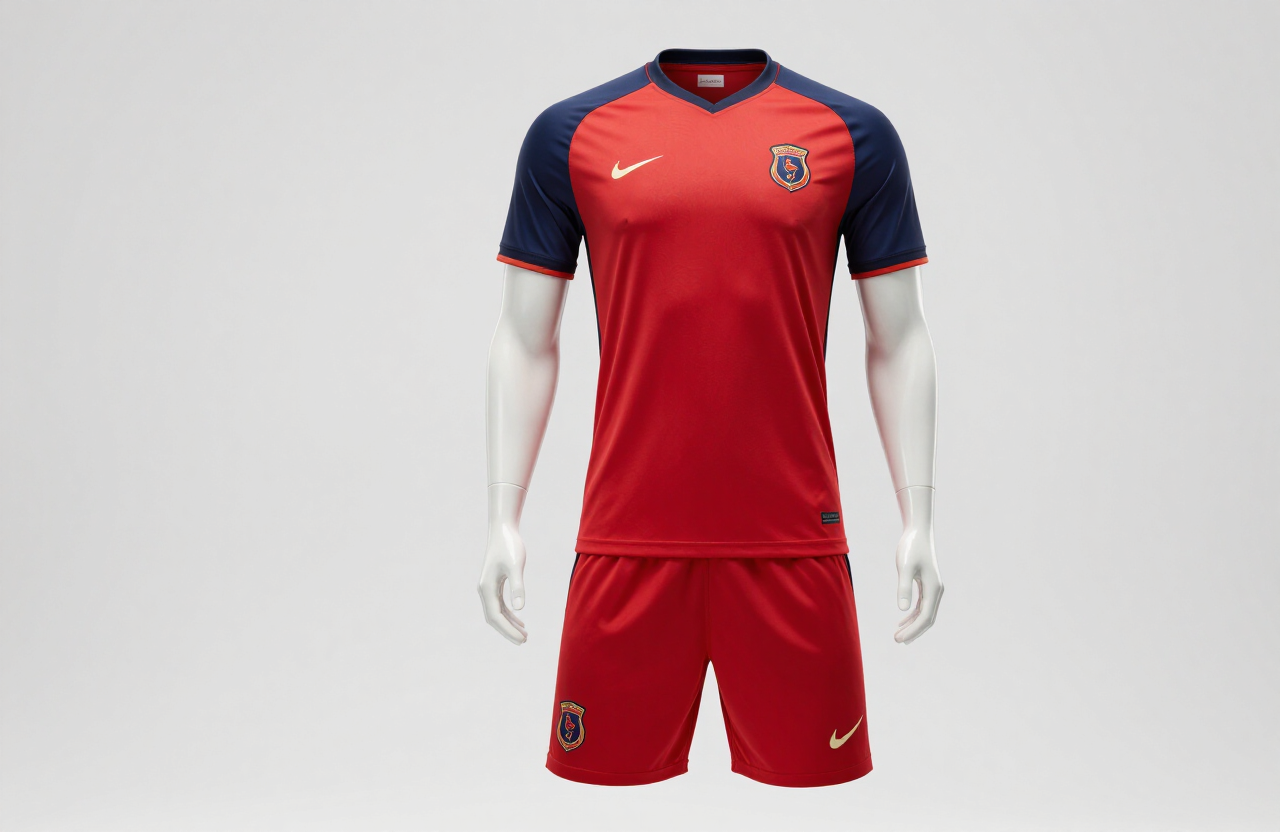 Custom red soccer jersey with navy sleeves and matching shorts
