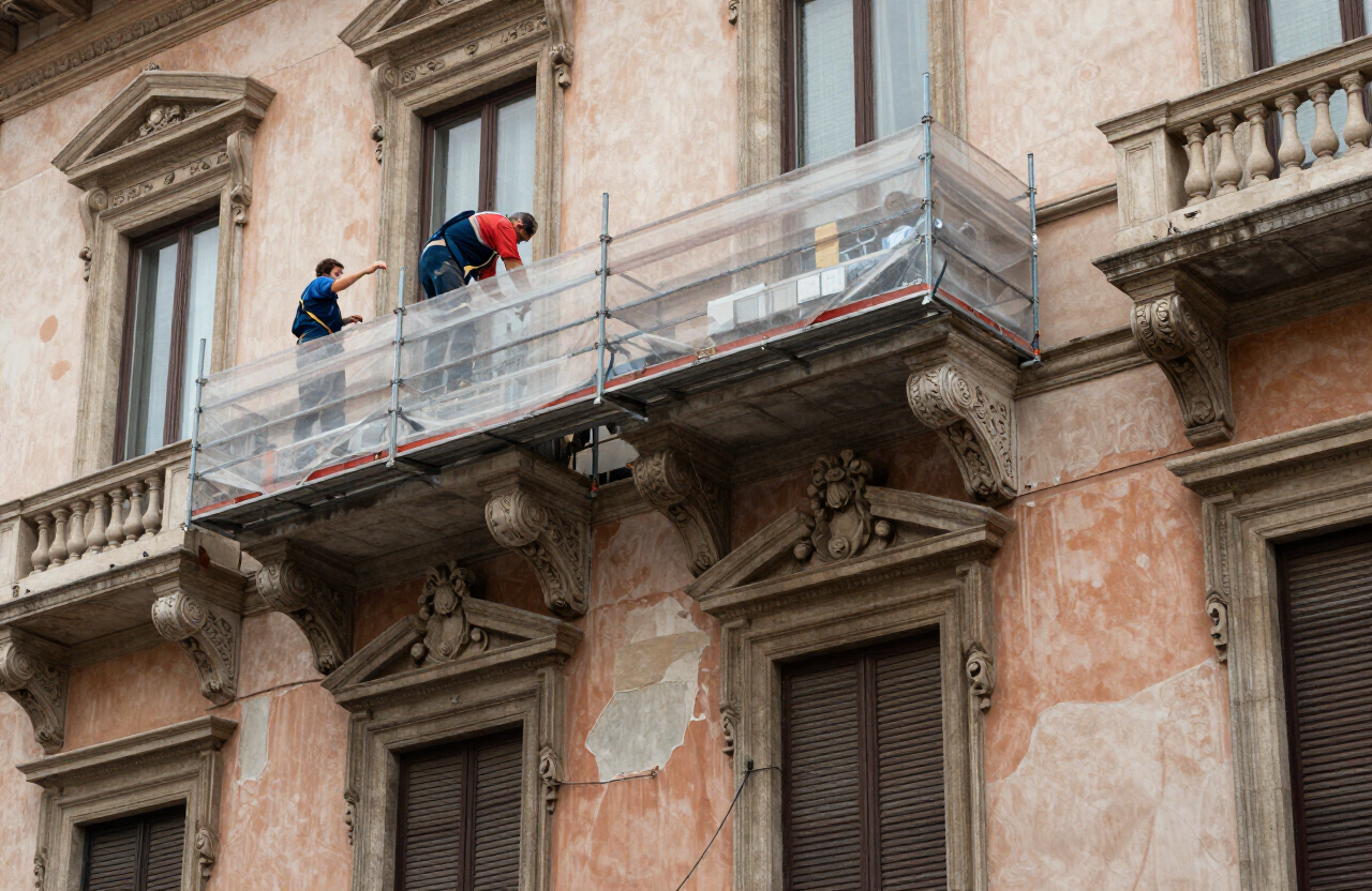 Restauro della facciata storica di un palazzo italiano con ponteggi