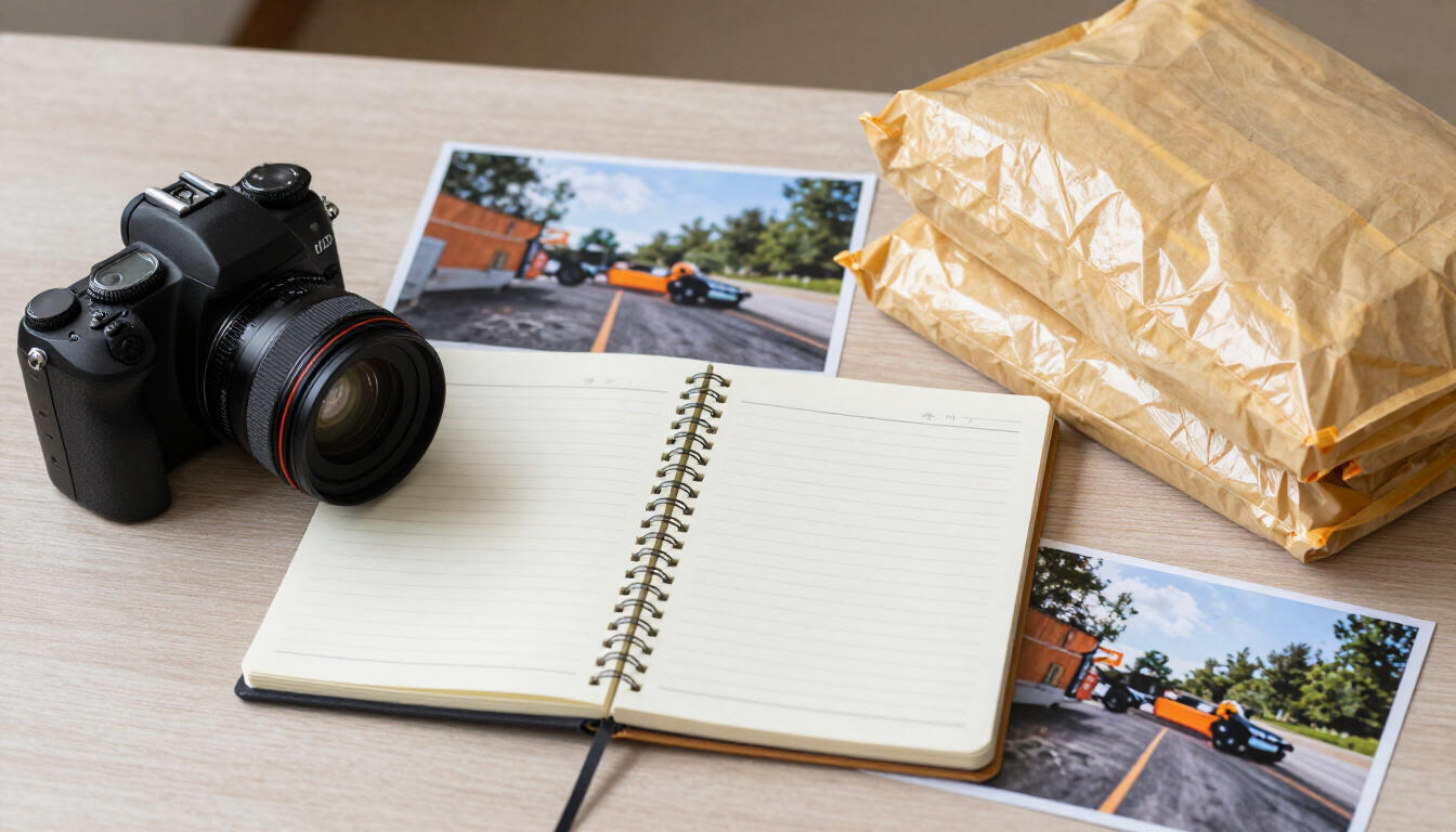 Notebook, documents and evidence materials representing an accident police report