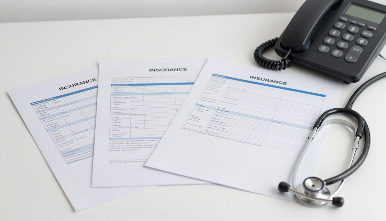 Insurance and medical billing documents on a desk representing liens