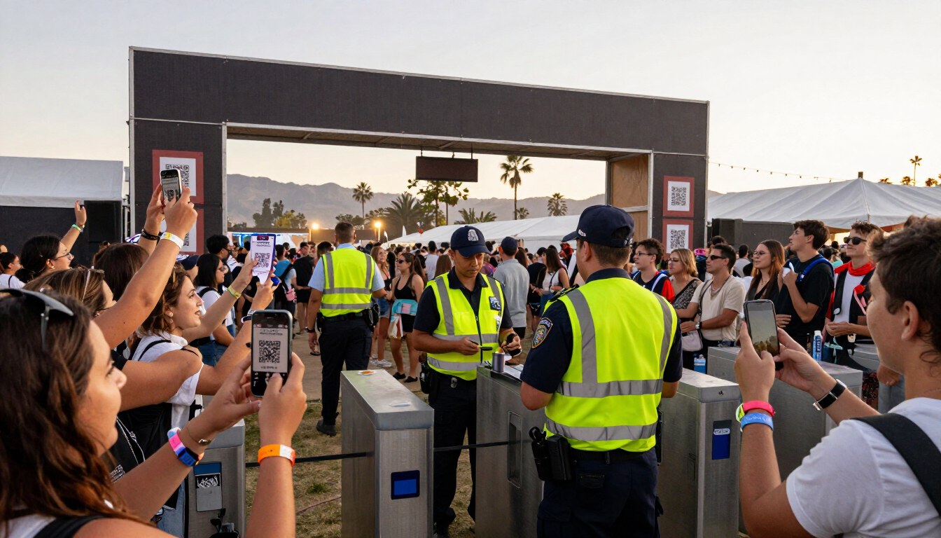 Fans scanning digital festival tickets at entrance gate with security checks.