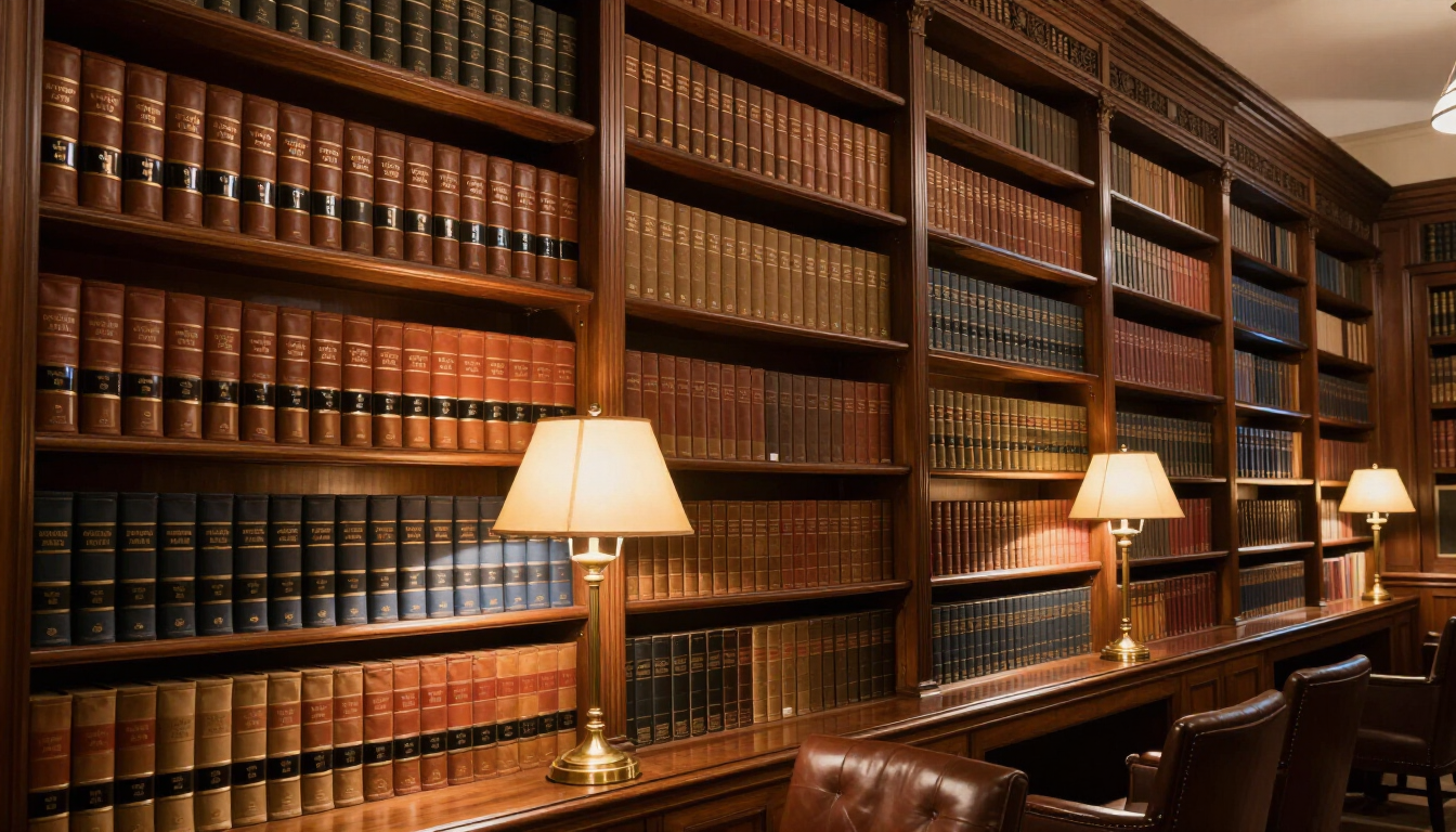 Elegant law library with tall wooden bookshelves and warm reading lamps
