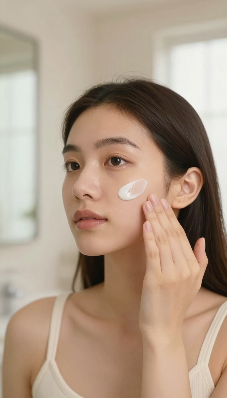 Close-up of a woman applying an unbranded skincare serum to her cheek