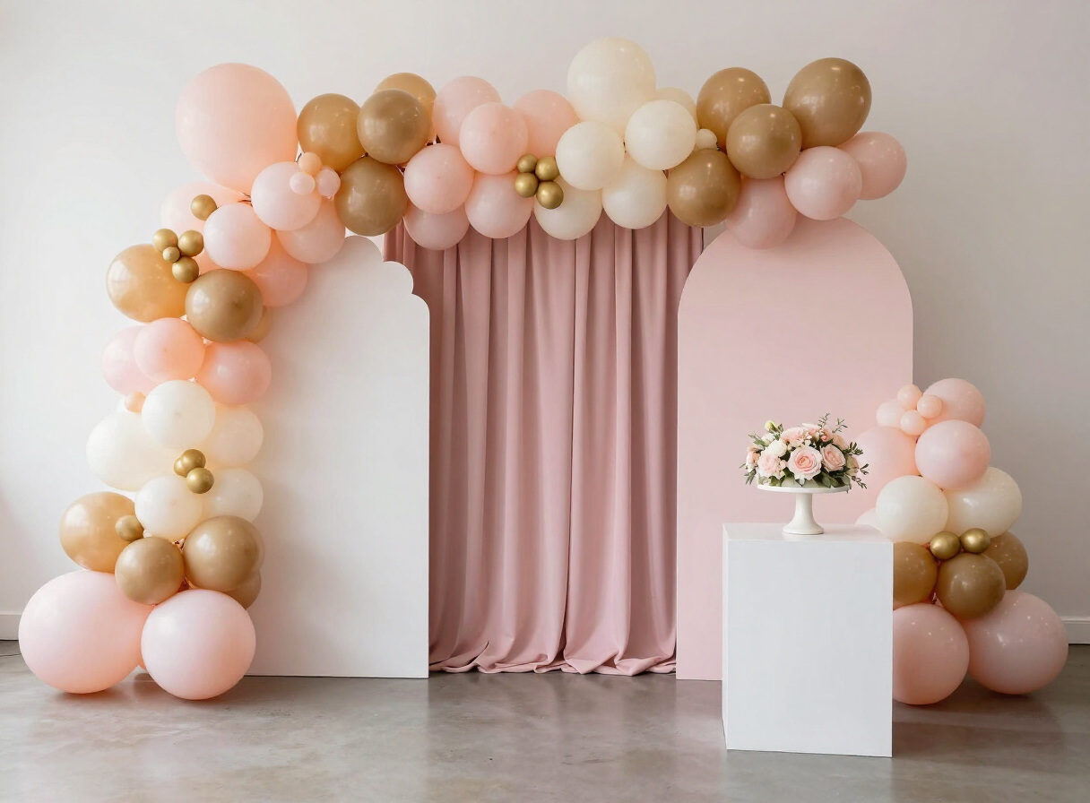 Blush pink custom backdrop mockup with soft draping, balloon garland, and a styled cake table
