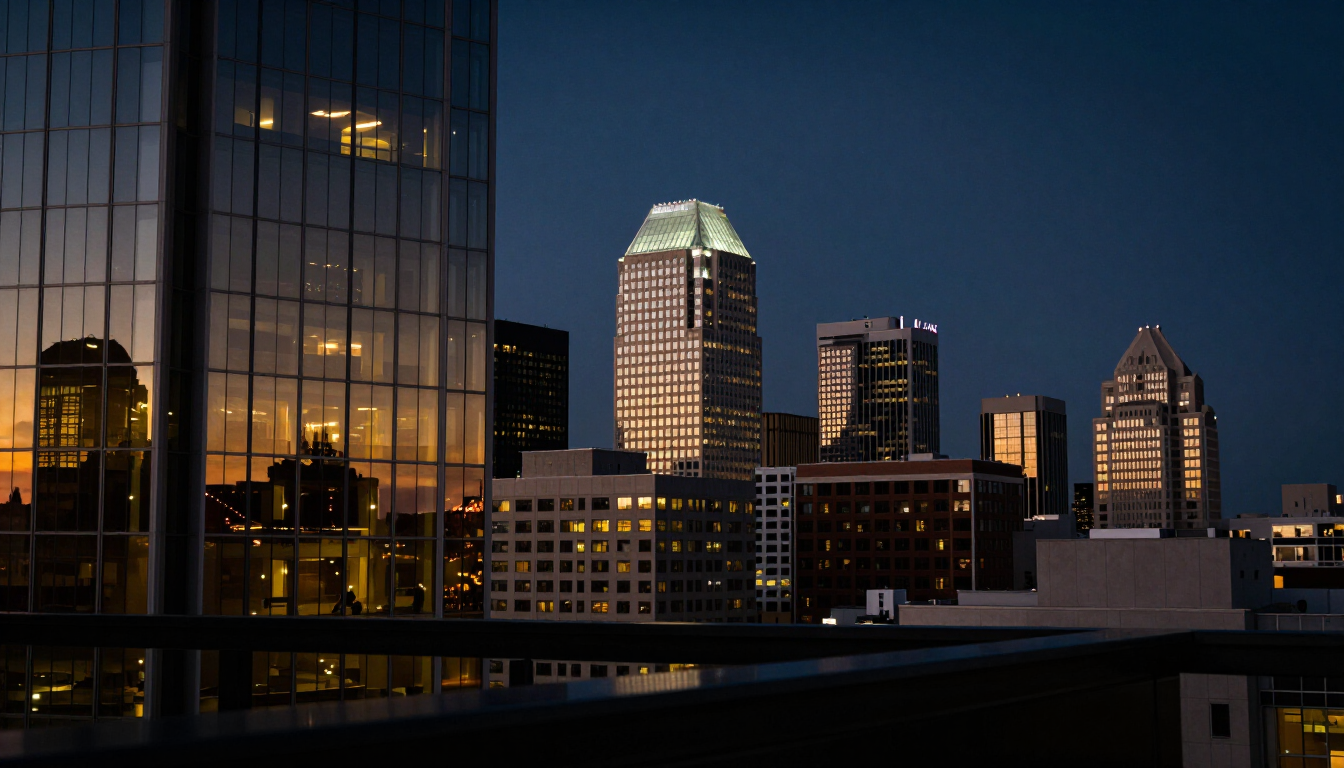 Kansas City skyline at dusk viewed from a downtown high-rise law office