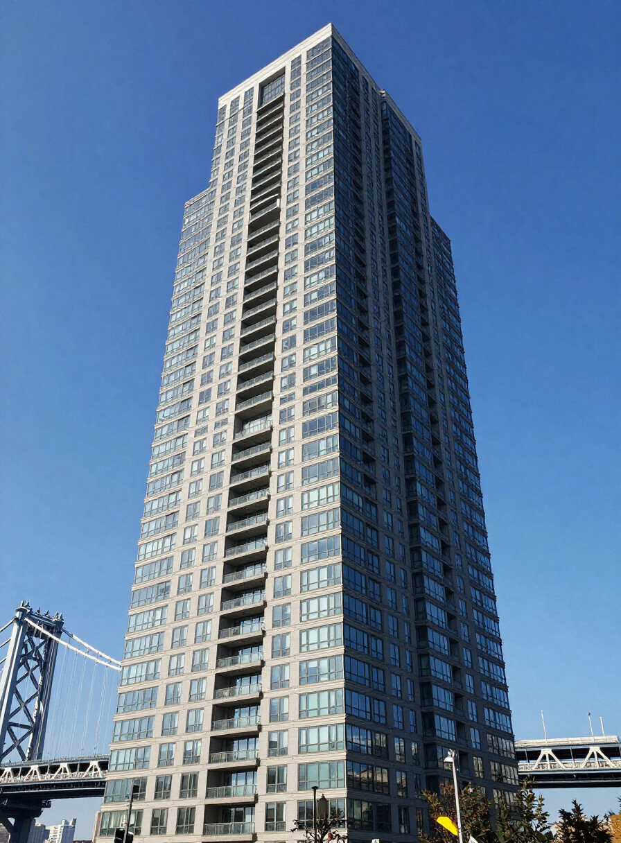 Exterior of a prominent modern Fort Lee high-rise residential condominium tower