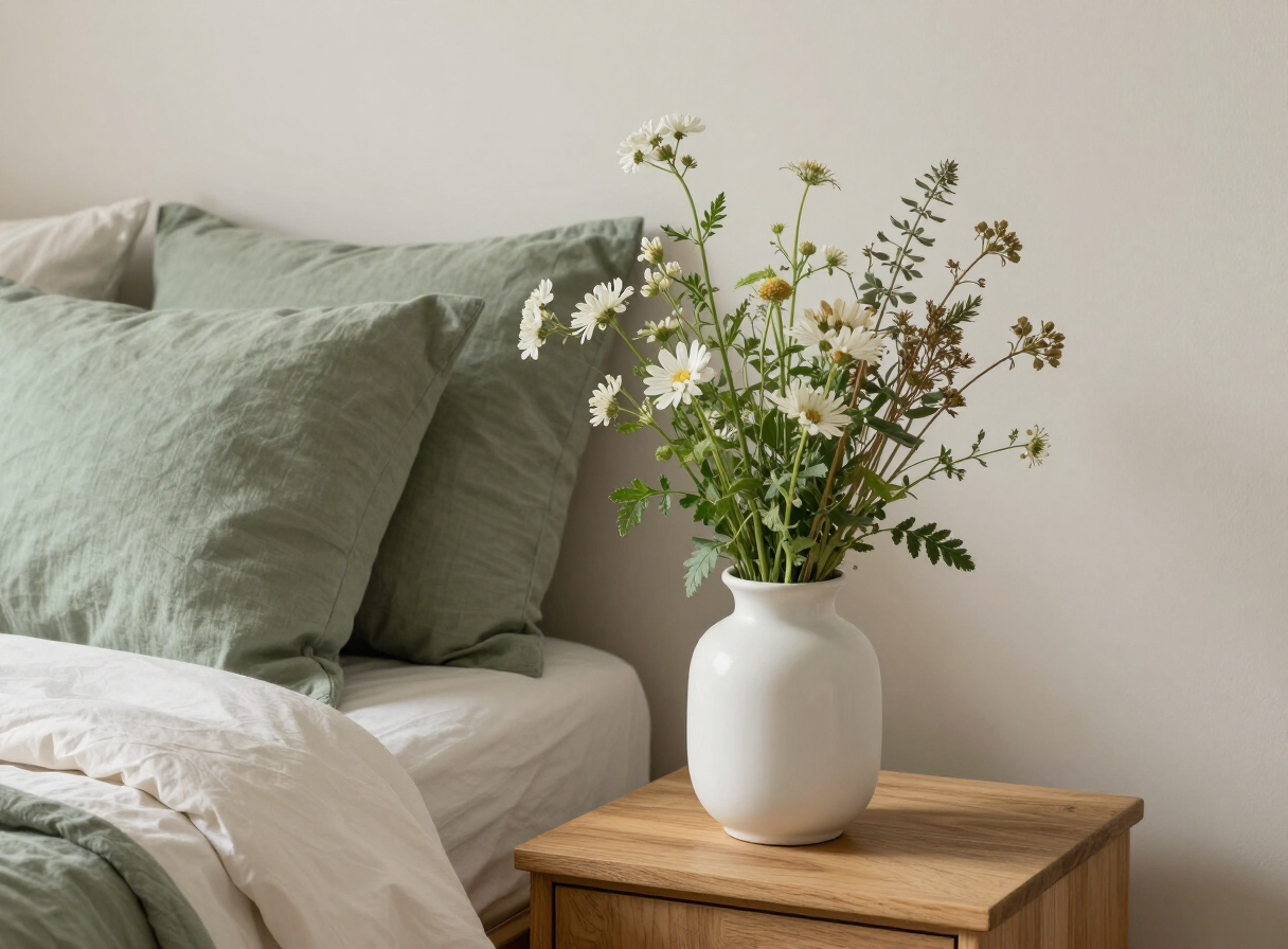Botanical flowers beside a sage-toned bed