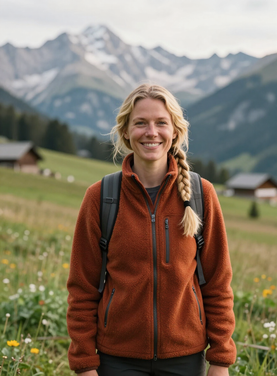 Porträt von Katharina in rostorangem Fleece auf einer Almwiese