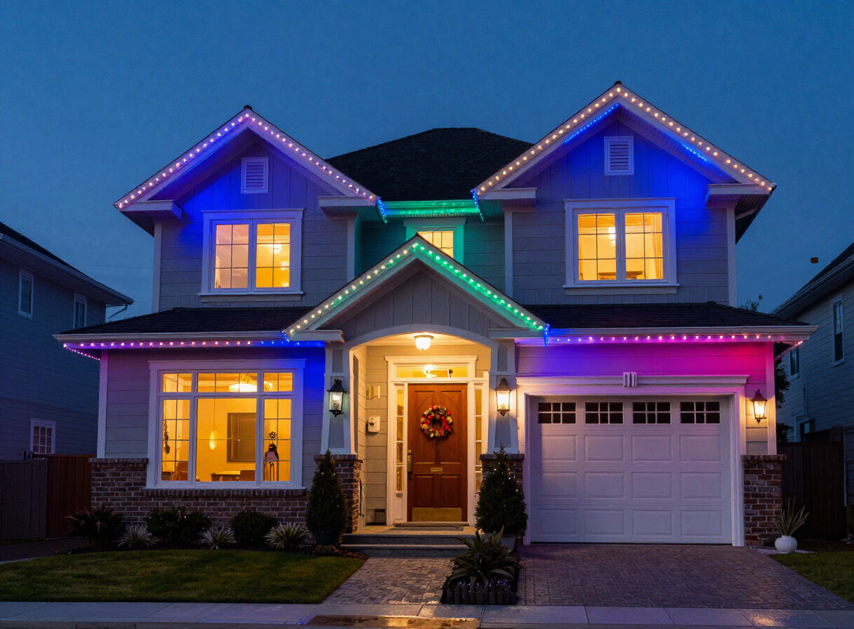 Estate grounds Christmas lights in Vancouver with tree wrapping, entry lights, and outdoor premises seasonal presentation.