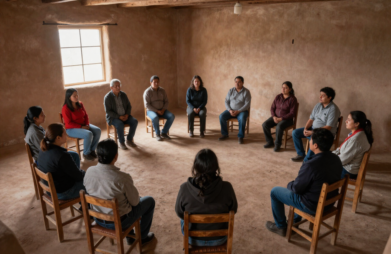 Twelve people sitting in a loose circle on plain wooden chairs in a sparse adobe room in New Mexico, early morning light through high windows