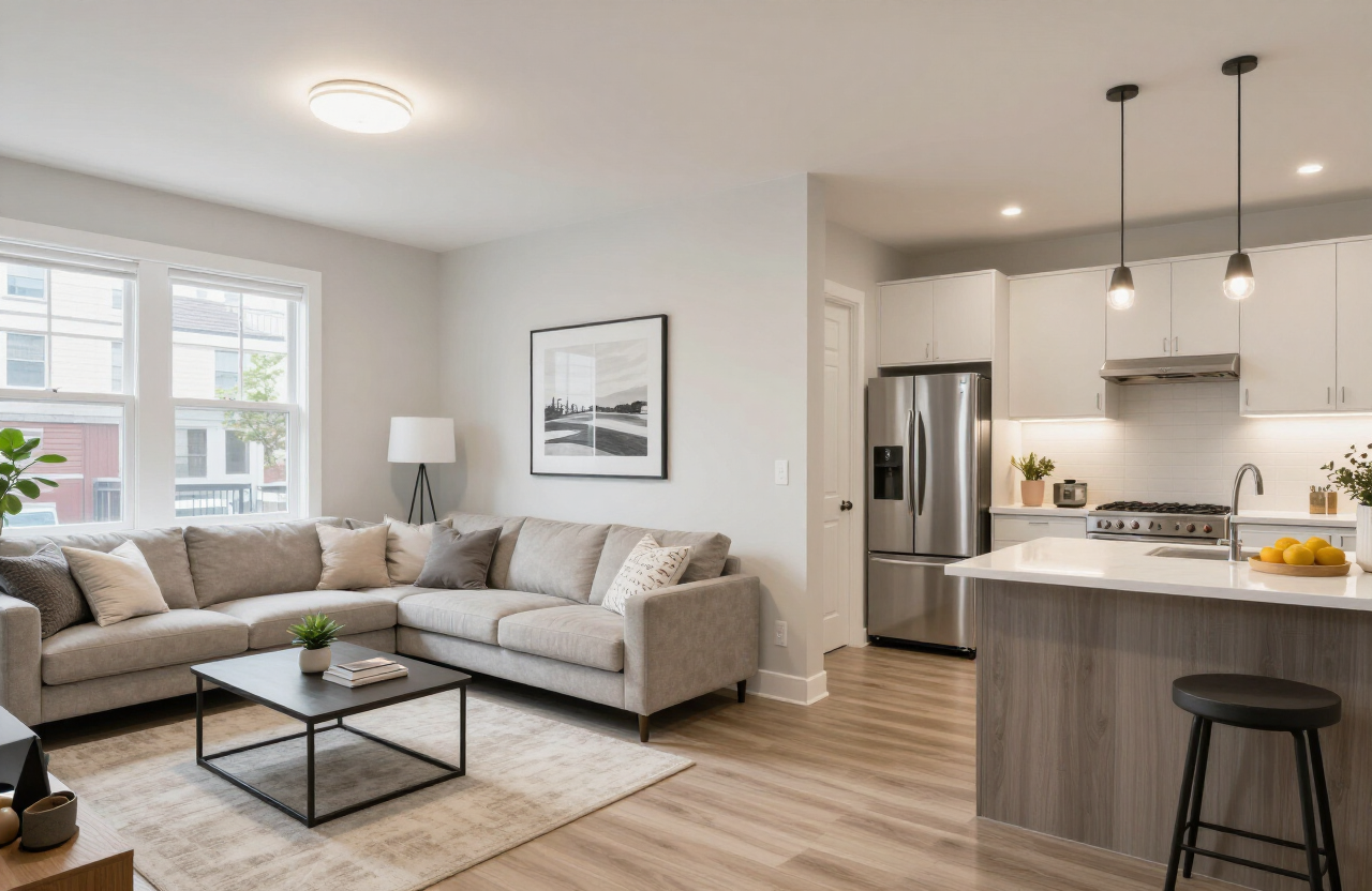 Open-concept new Secaucus townhome with coordinated neutral paint colors