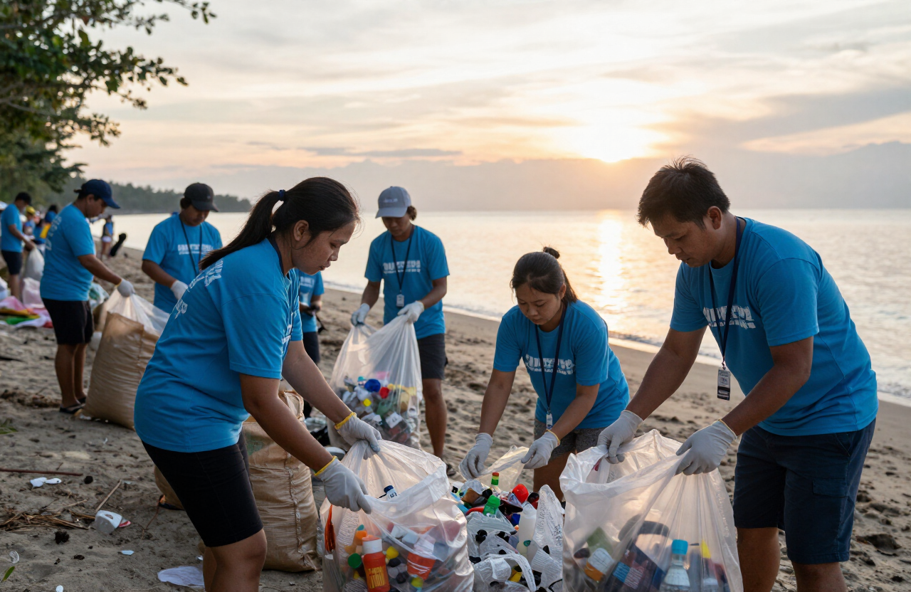 Volunteers collect plastic waste along the Bataan coastline at sunrise during the province-wide cleanup drive.