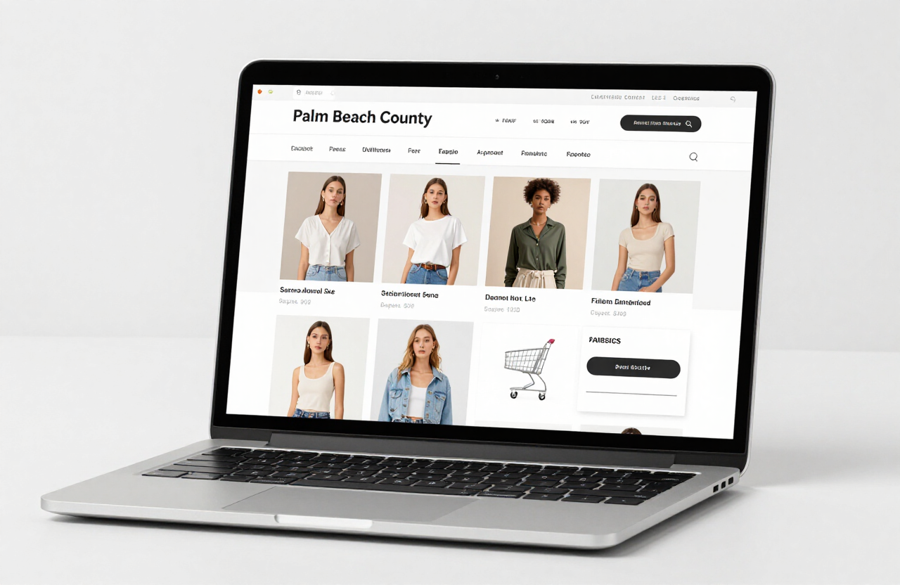 E-commerce website on a laptop with product cards and shopping cart showing SEO optimization for a Palm Beach County online store