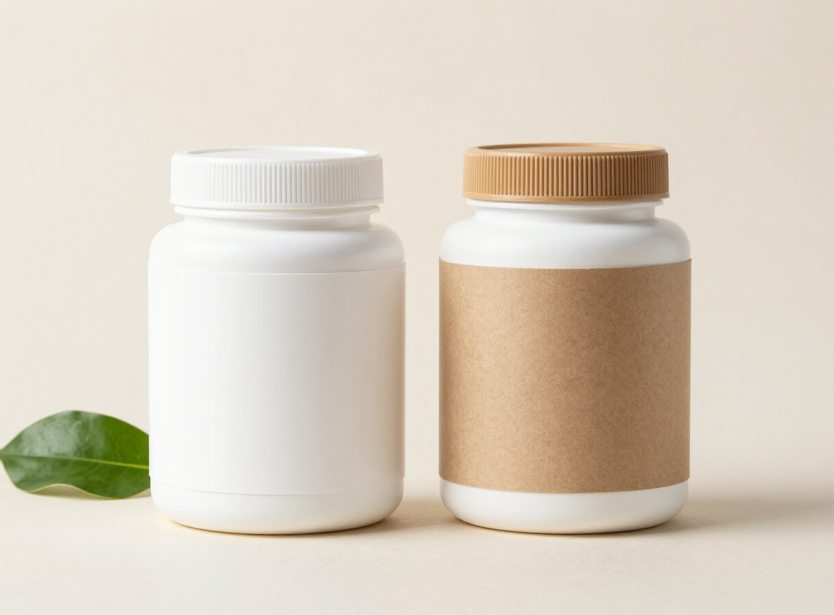 Matte white and kraft biodegradable supplement jars with screw lids