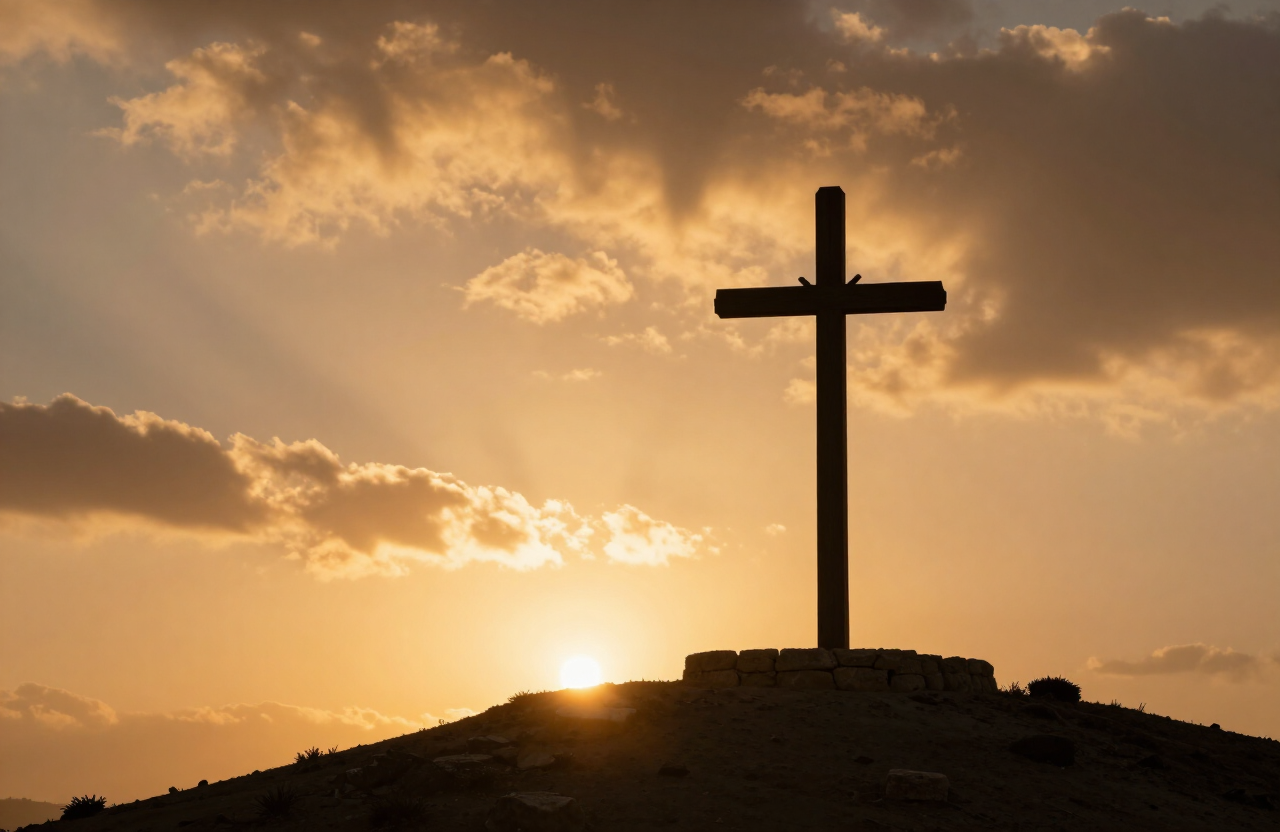 A wooden cross silhouetted against a golden dawn sky