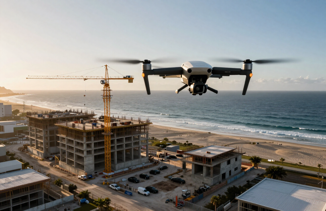 Dron cinematográfico documentando la construcción de un desarrollo en la costa de Oaxaca