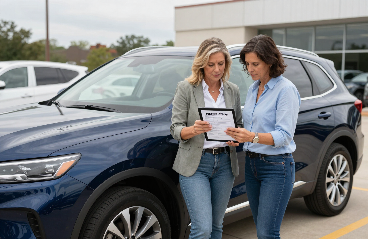 A couple reviewing a vehicle history report on a tablet beside a used SUV at a dealership